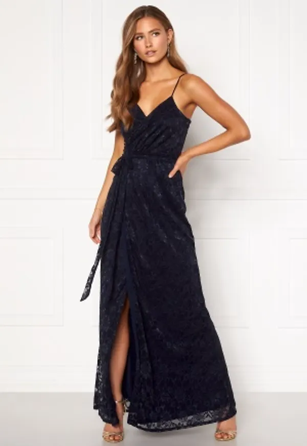 Goddiva Lace Wrap Maxi Dress Navy M (UK12)