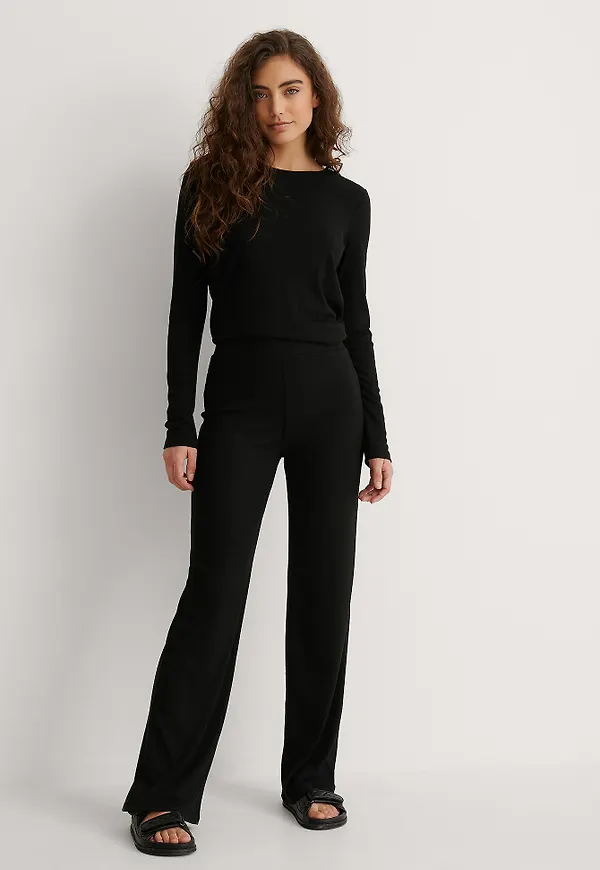 NA-KD Basic Mjuka, ribbade, vida basic byxor - Black