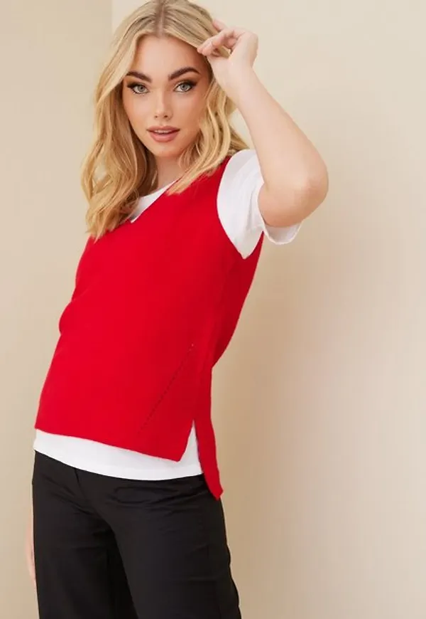 Vila Viril Knit Rib V-Neck S/L Vest - Fa Stickade västar Barbados Cherry