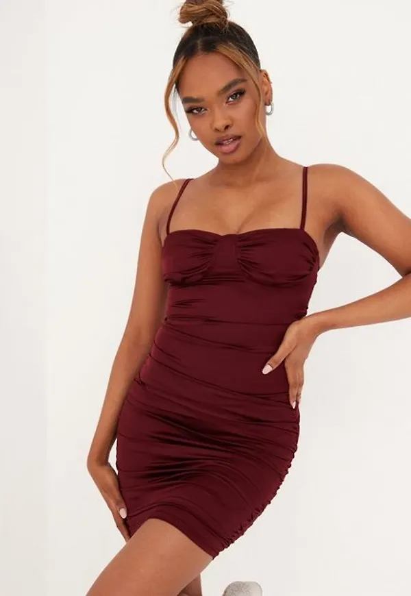 Parisian Satin Rouched Mini Dress Fodralklänningar Dark Wine