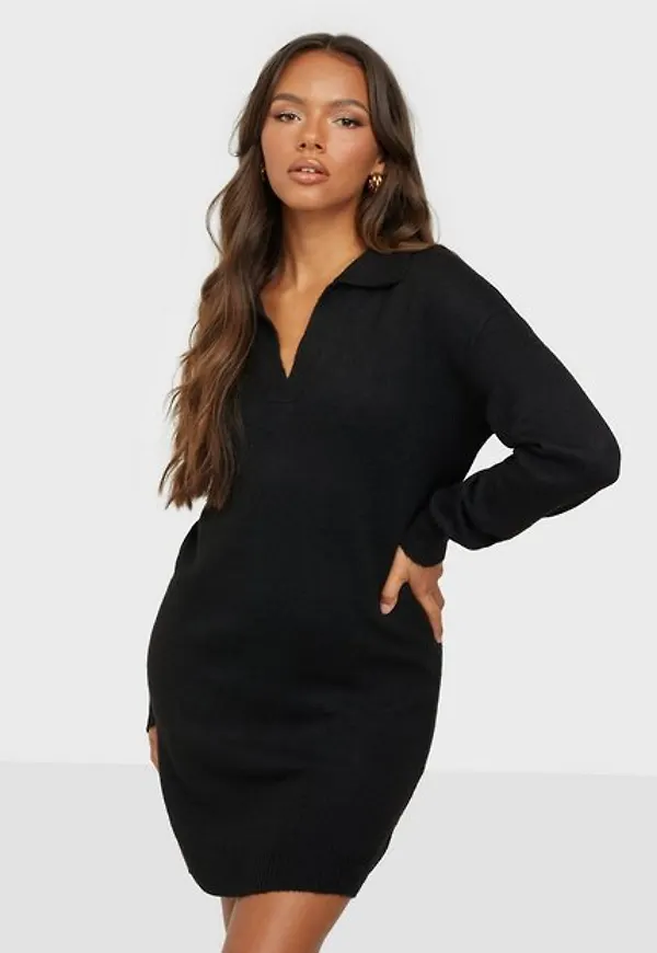 Jacqueline de Yong Jdyrue Vega L/S Polo Dress Knt Stickade klänningar Black