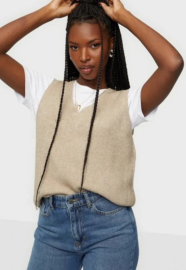 Vila Viril Knit Rib V-Neck S/L Vest - No Stickade västar Natural Melange