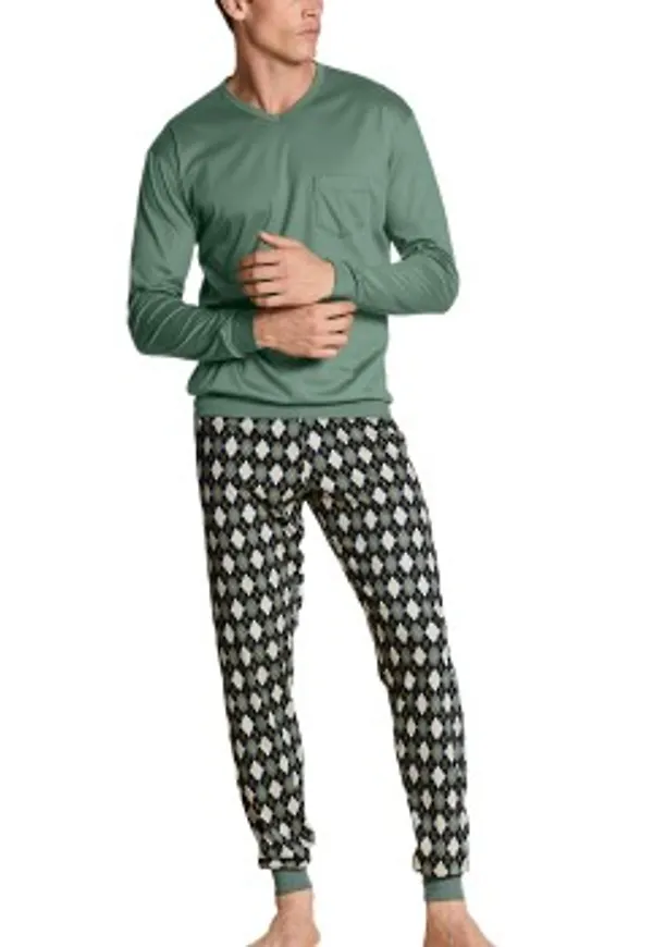 Calida Relax Streamline Pyjama With Cuff Grön Mönstrad bomull XX-Large Herr