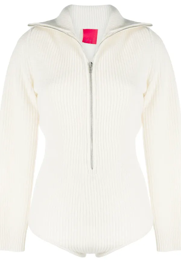 Cashmere In Love ribbstickad body med hög krage - Vit