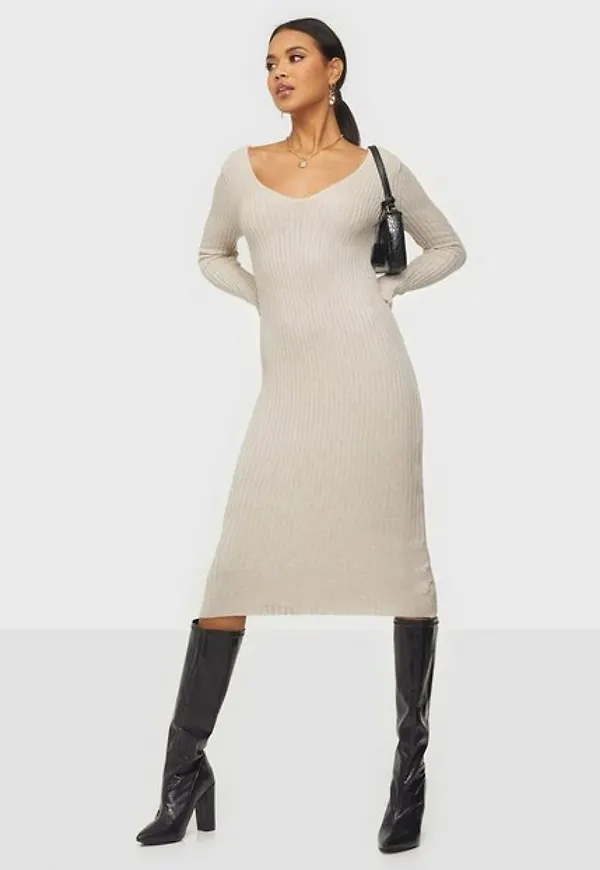 Parisian V Neck Rib Knitted Midi Dress Fodralklänningar Beige