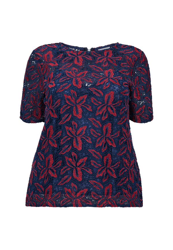 La Redoute - Blommönstrad spetsblus med kort ärm - Blå