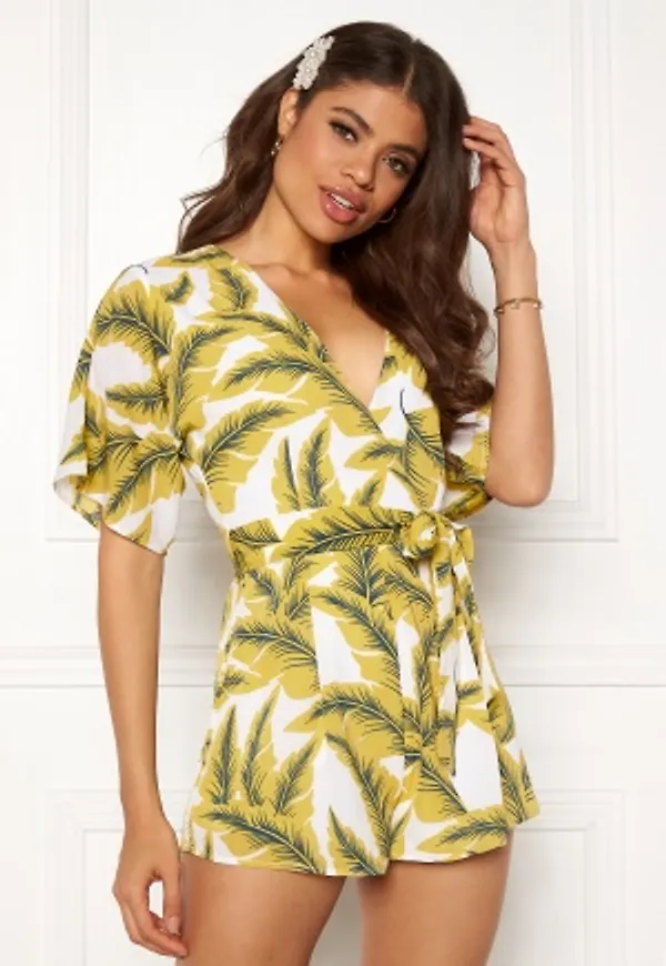 Girl In Mind Cecilla V Neck Playsuit Yellow Palm XS (UK8)