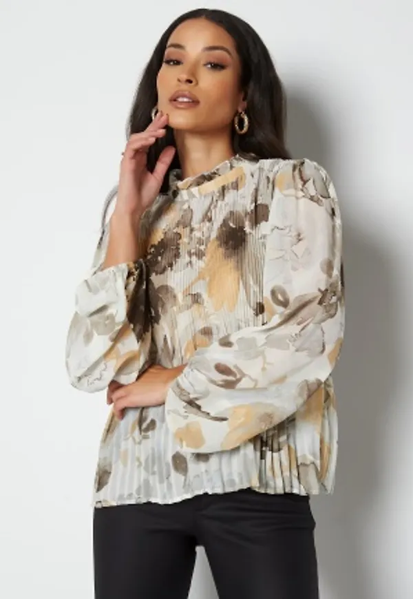 VILA Jamin Highneck L/S Plisse Top Birch AOP: AOP 34