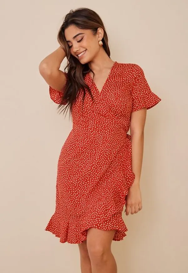 Vero Moda Vmhenna 2/4 Wrap Frill Dress Noos Omlottklänningar Goji Berry Tiny Dots