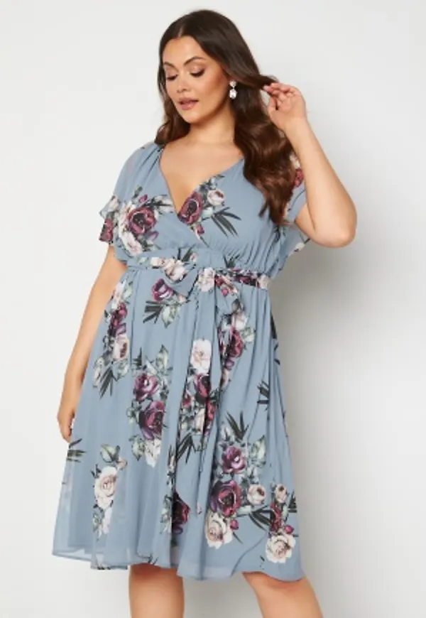 Goddiva Curve Floral Flutter Sleeve Midi Curve Dress Air Force Blue 54 (UK26)