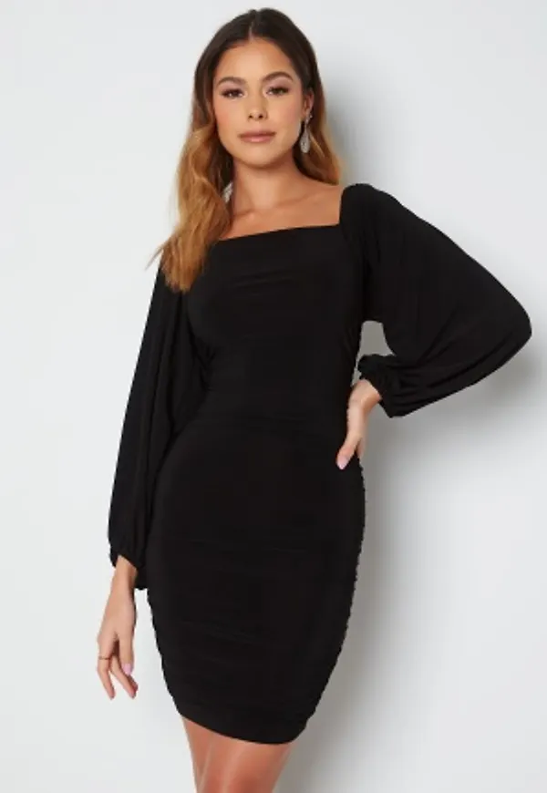 John Zack Balloon Sleeve Rouched Mini Dress Black M (UK12)