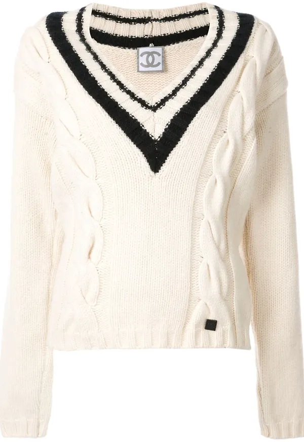 CHANEL Pre-Owned kabelstickad v-ringad tröja - Vit
