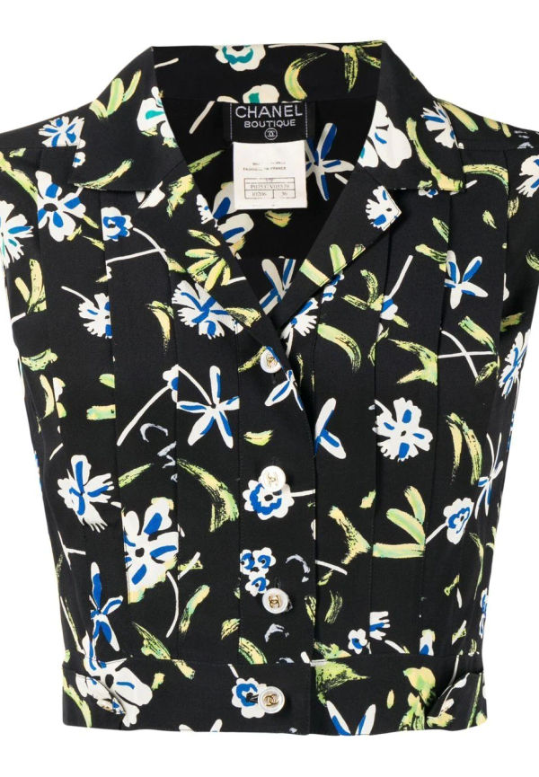 CHANEL Pre-Owned kort sidenskjorta med blommigt tryck - Svart