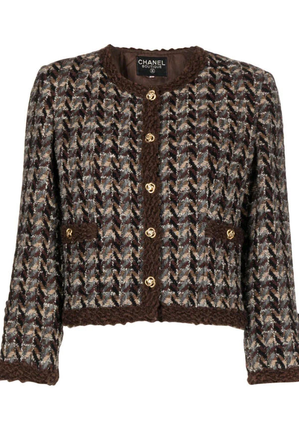 CHANEL Pre-Owned kraglös tweedjacka med logotypknappar - Brun