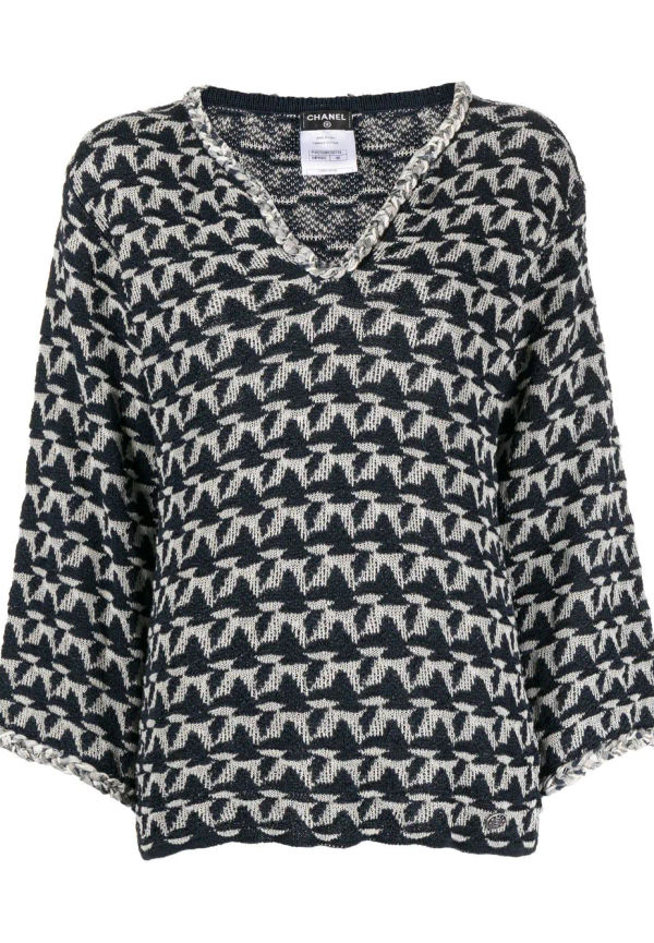 CHANEL Pre-Owned v-ringad intarsiastickad tröja - Blå