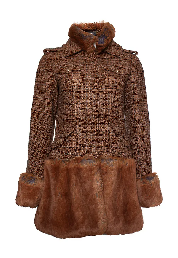 Chanel Vintage Pre-owned tweed coat with rabbit fur Brun, Dam