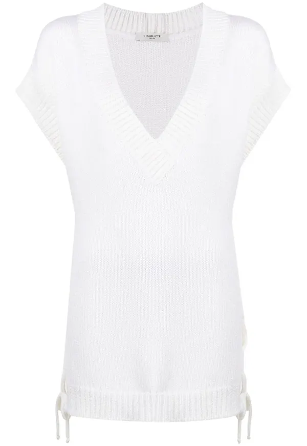 Charlott ribbstickad v-ringad topp - Vit