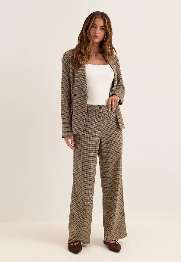 Check Mid Waist Wide Trousers