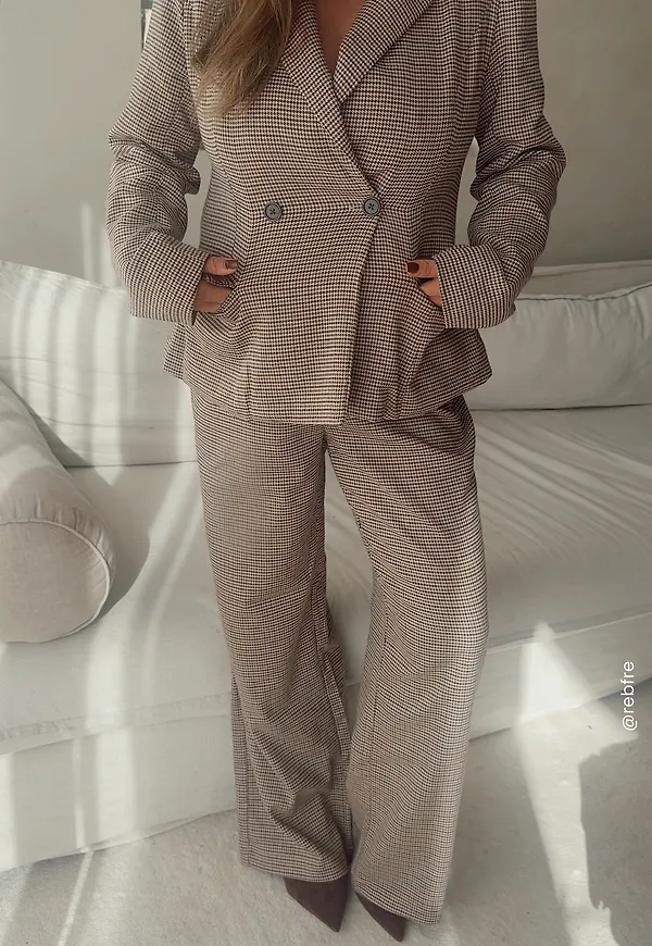 Check Mid Waist Wide Trousers
