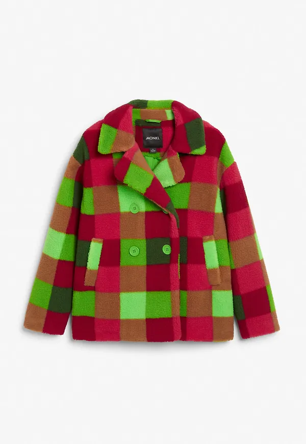 Check pattern faux fleece double breasted coat - Green