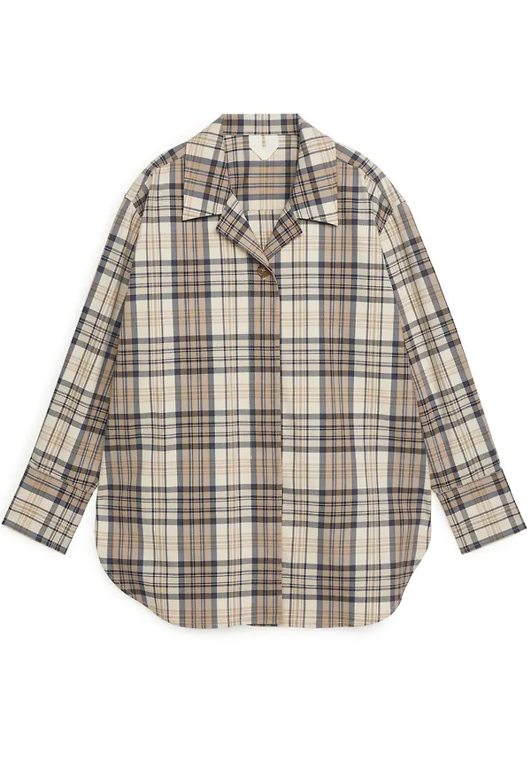 Checked Cotton Blend Overshirt - Beige