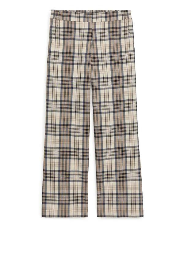Checked Cotton Blend Trousers - Beige