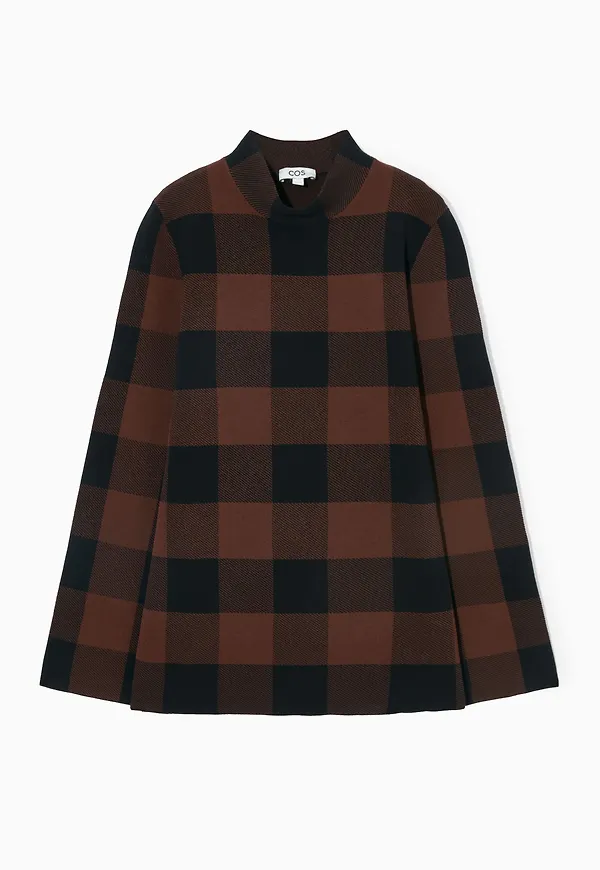 CHECKED JACQUARD-KNIT HIGH-NECK TOP