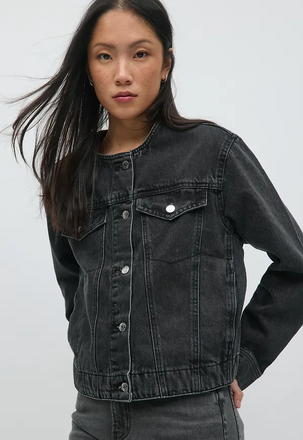 Gina Tricot - Collarless denim jacket - jeansjackor - Svart - XS - Dam