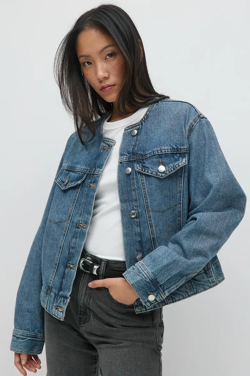 Gina Tricot - Collarless denim jacket - jeansjackor - Blå - XS - Dam