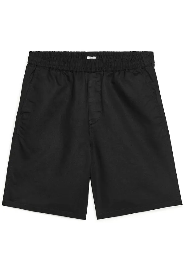 Cotton-Linen Drawstring Shorts - Black