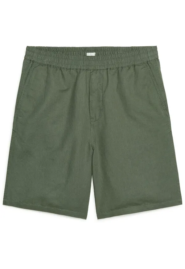Cotton-Linen Drawstring Shorts - Green