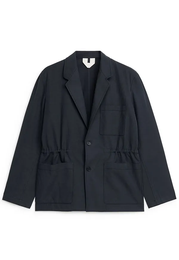 Cotton Linen Drawstring Blazer - Blue