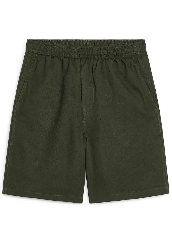 Cotton-Linen Drawstring Shorts - Green