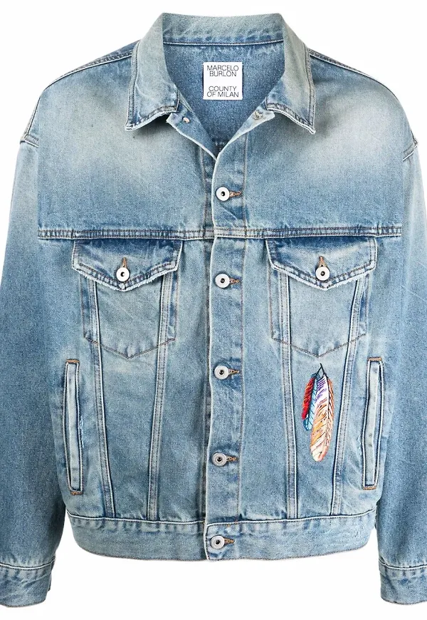 COUNTY OF MILAN jeansjacka med broderade fjädrar - Blå