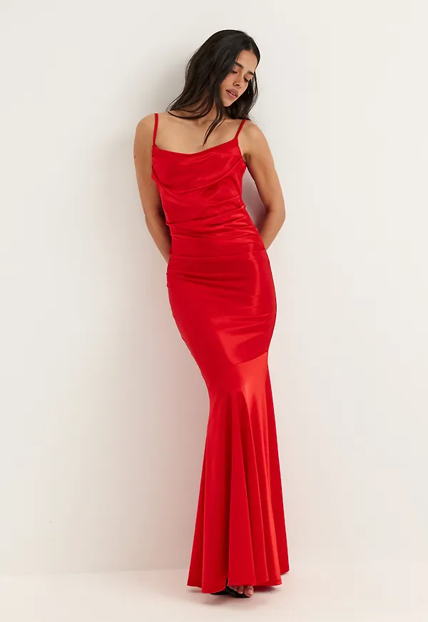 Cowl Neck Stretch Satin Gown