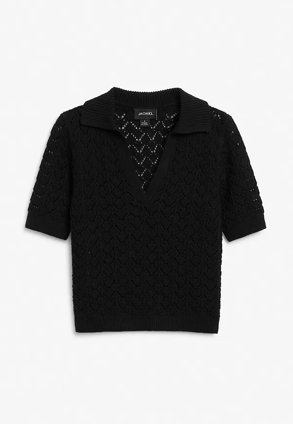 Crochet style polo shirt - Black