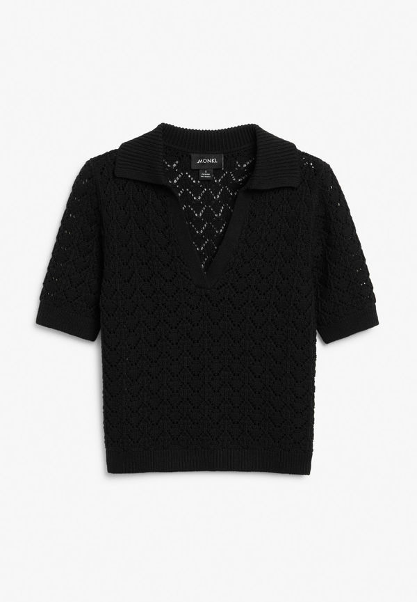 Crochet style polo shirt - Black