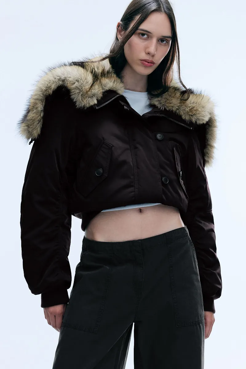 Cropped bomber with faux fur hood