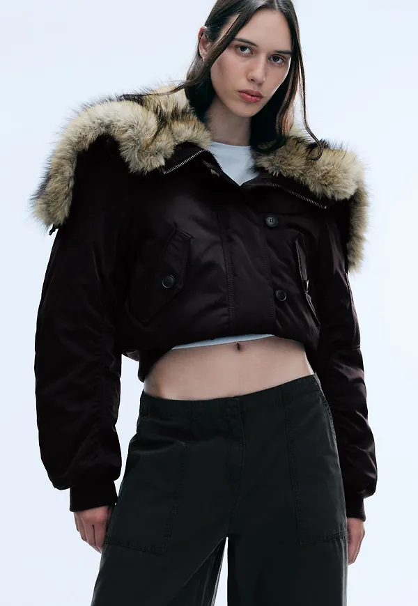 Cropped bomber with faux fur hood