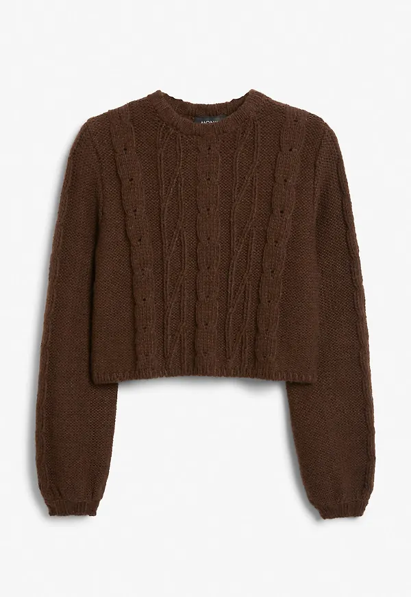 Cropped long sleeve heavy knit top - Brown