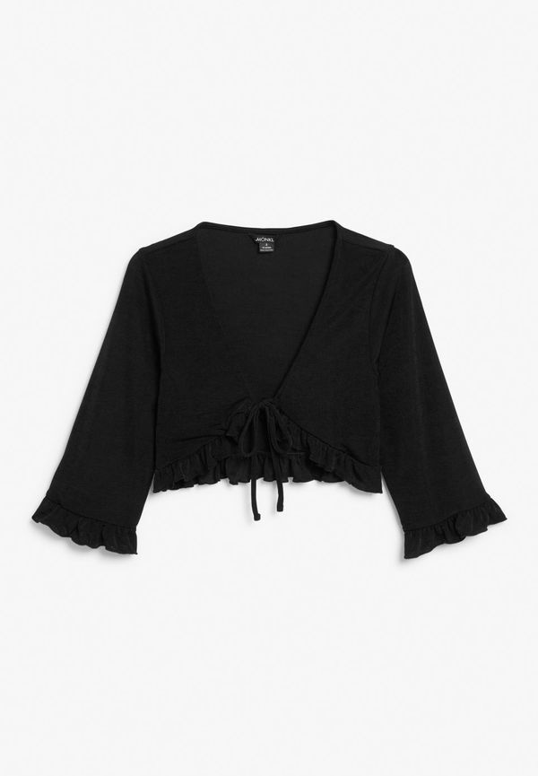 Cropped ruffle cardigan with tie front - Black