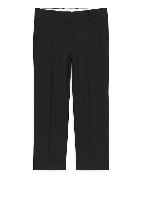 Cropped Wool Blend Twill Trousers - Black