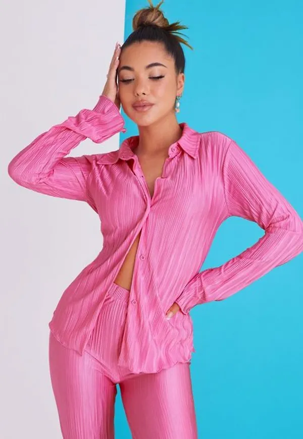NLY Trend Flared Plissé Shirt Långärmade toppar Rosa