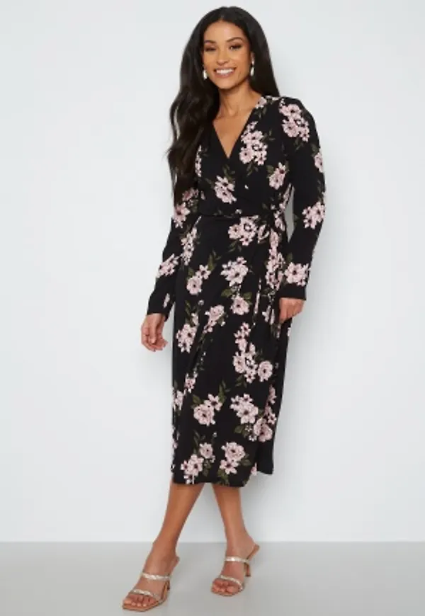 Pieces Catalina LS Wrap Dress Black AOP XL
