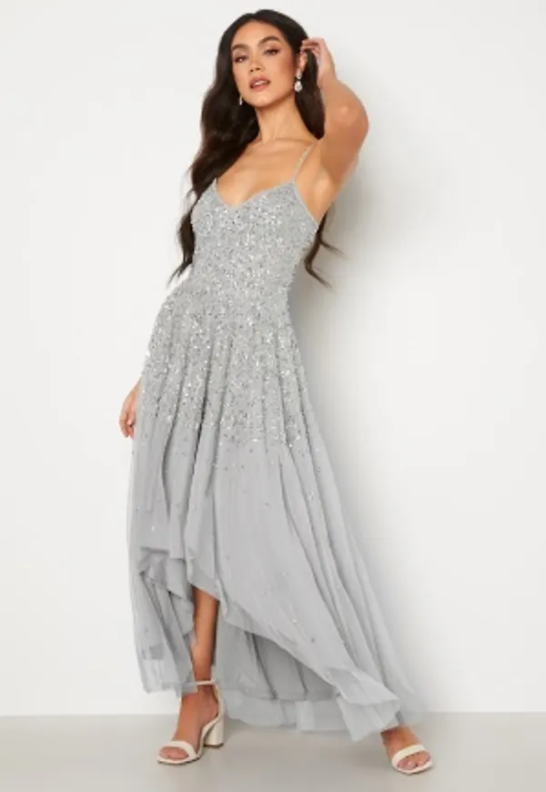 Goddiva Embellished High Low Maxi Dress Silver XS (UK8)