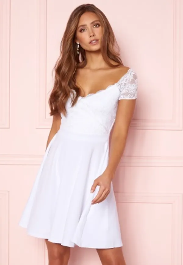 Goddiva Short Sleeve Lace Trim Skater Dress White XL (UK16)