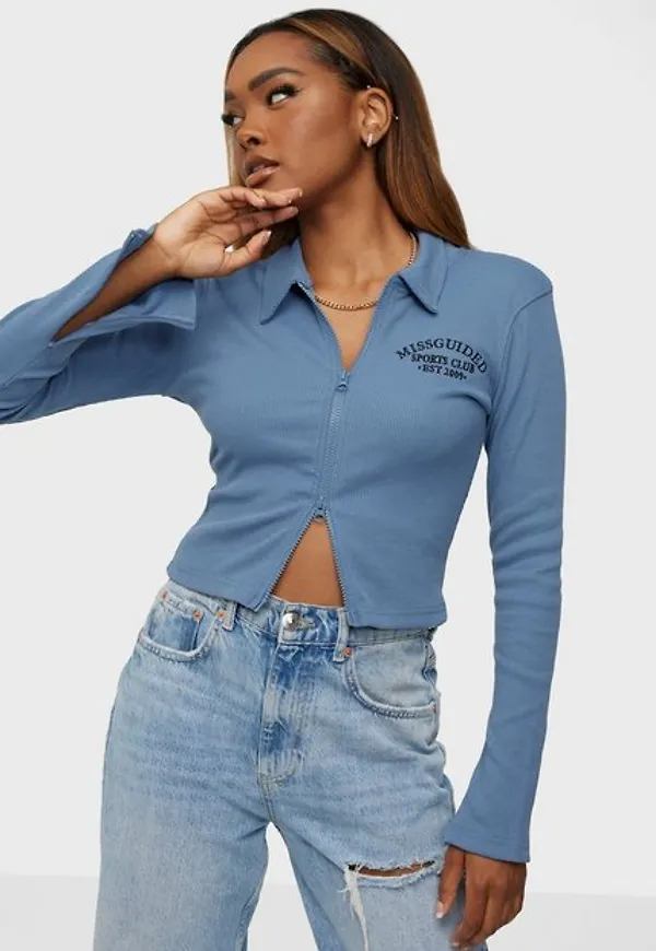 Missguided Rib Zip Front Crop Top Långärmade toppar