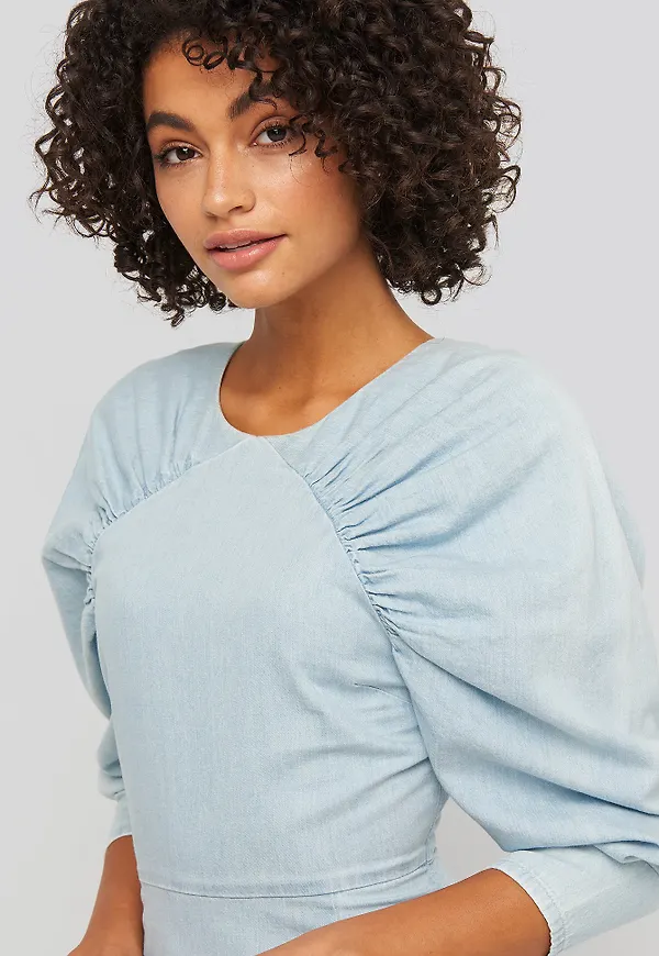 NA-KD Puff Sleeve Round Neck Mini Dress - Blue