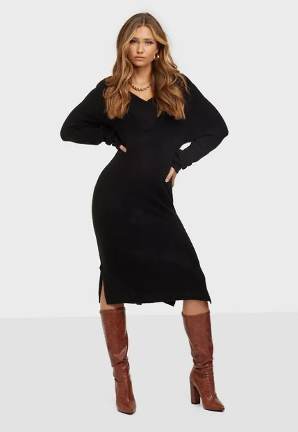 Vila Vimadelia V-Neck L/S Knit Dress - N Stickade klänningar Black