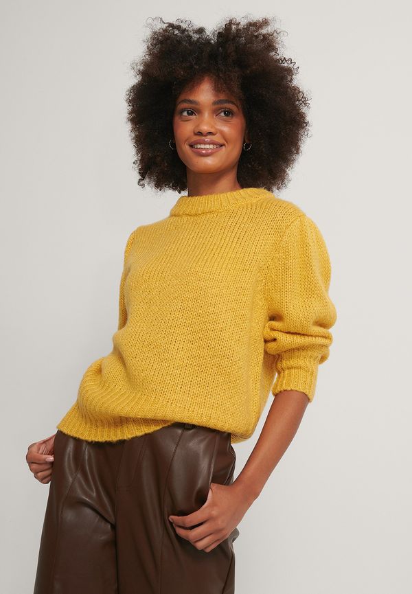 NA-KD Puff LS Round Neck Knitted Sweater - Yellow